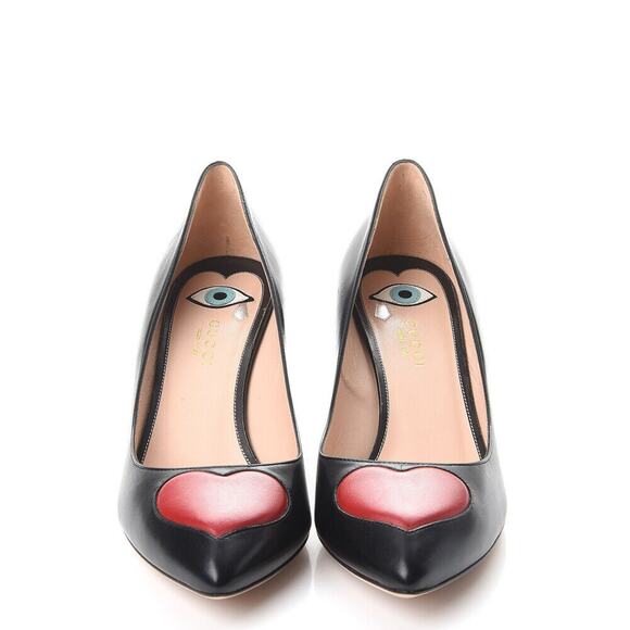 Gucci NIB Molina Black Nappa Pointed Toe Heart Heels Pumps 39 NEW - Picture 3 of 8